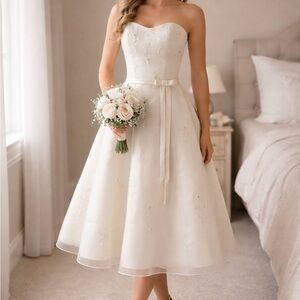 Strapless Tea-Length Off White Ivory Bridal Dress with Ribbon Waist